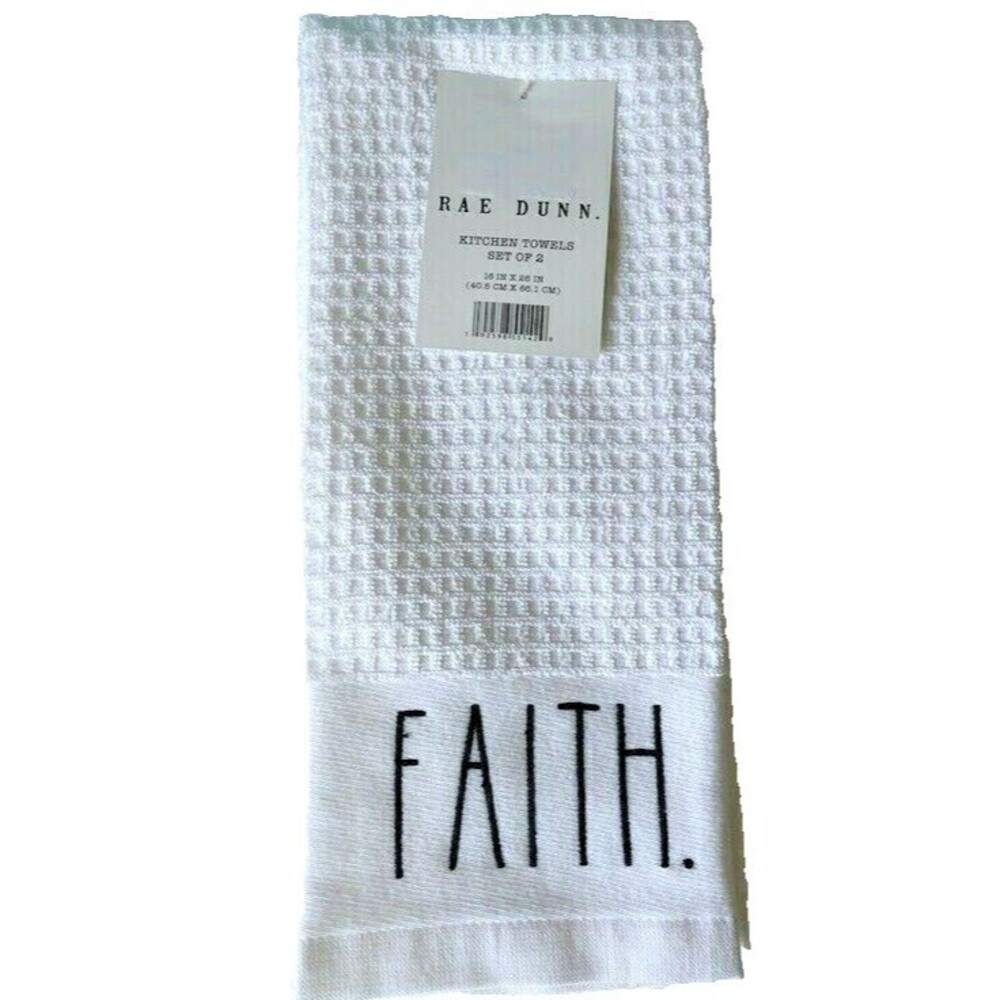 Rae Dunn Kitchen Dish Towels Embroidered Blessed Faith White Black Set of 2